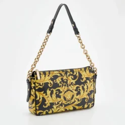 Versace Black/Yellow Barocco Medusa Print Leather Chain Shoulder Bag For Women -Versace Official Website luxury women versace used handbags p672121 003