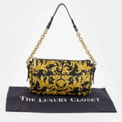 Versace Black/Yellow Barocco Medusa Print Leather Chain Shoulder Bag For Women -Versace Official Website luxury women versace used handbags p672121 004