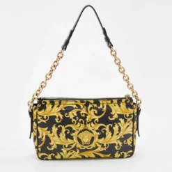 Versace Black/Yellow Barocco Medusa Print Leather Chain Shoulder Bag For Women -Versace Official Website luxury women versace used handbags p672121 005