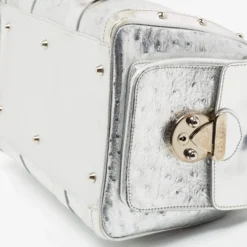 Versace Metallic Silver Ostrich Embossed Leather Snap Out Of It Satchel For Women -Versace Official Website luxury women versace used handbags p676843 001