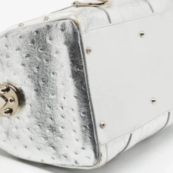 Versace Metallic Silver Ostrich Embossed Leather Snap Out Of It Satchel For Women -Versace Official Website luxury women versace used handbags p676843 002