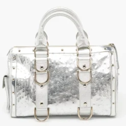 Versace Metallic Silver Ostrich Embossed Leather Snap Out Of It Satchel For Women -Versace Official Website luxury women versace used handbags p676843 004