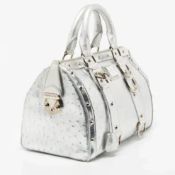 Versace Metallic Silver Ostrich Embossed Leather Snap Out Of It Satchel For Women -Versace Official Website luxury women versace used handbags p676843 005