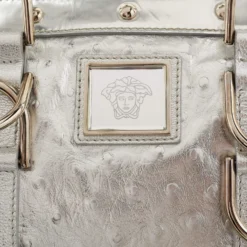 Versace Metallic Silver Ostrich Embossed Leather Snap Out Of It Satchel For Women -Versace Official Website luxury women versace used handbags p676843 006