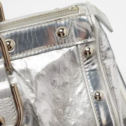 Versace Metallic Silver Ostrich Embossed Leather Snap Out Of It Satchel For Women -Versace Official Website luxury women versace used handbags p676843 008