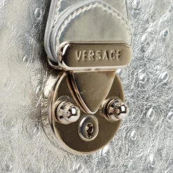 Versace Metallic Silver Ostrich Embossed Leather Snap Out Of It Satchel For Women -Versace Official Website luxury women versace used handbags p676843 009