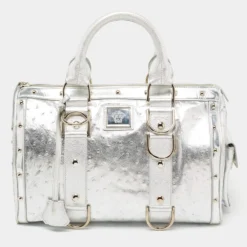 Versace Metallic Silver Ostrich Embossed Leather Snap Out Of It Satchel For Women