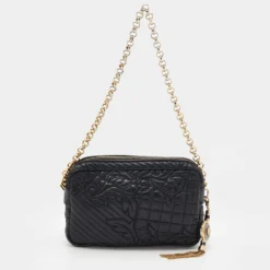 Versace Black Leather Barocco Vanitas Zip Shoulder Bag For Women