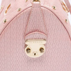 Versace Pink Braided Embossed Leather Snap Out Of It Satchel For Women -Versace Official Website luxury women versace used handbags p681435 002