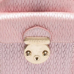 Versace Pink Braided Embossed Leather Snap Out Of It Satchel For Women -Versace Official Website luxury women versace used handbags p681435 003