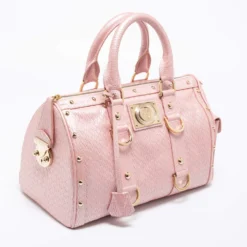 Versace Pink Braided Embossed Leather Snap Out Of It Satchel For Women -Versace Official Website luxury women versace used handbags p681435 004