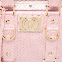 Versace Pink Braided Embossed Leather Snap Out Of It Satchel For Women -Versace Official Website luxury women versace used handbags p681435 005