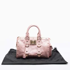 Versace Pink Braided Embossed Leather Snap Out Of It Satchel For Women -Versace Official Website luxury women versace used handbags p681435 006