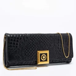 Versace Black Quilted Leather Medusa Chain Clutch For Women -Versace Official Website luxury women versace used handbags p682090 004