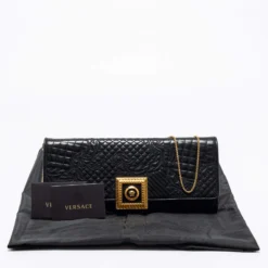 Versace Black Quilted Leather Medusa Chain Clutch For Women -Versace Official Website luxury women versace used handbags p682090 005