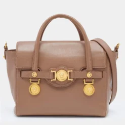 Versace Dark Beige Leather Small Medusa Medallion Tote For Women
