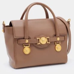 Versace Dark Beige Leather Small Medusa Medallion Tote For Women -Versace Official Website luxury women versace used handbags p683376 006