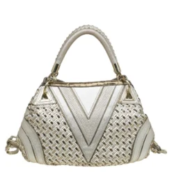 Versace Gold Woven Leather Crystal V Satchel For Women -Versace Official Website luxury women versace used handbags p82835 004