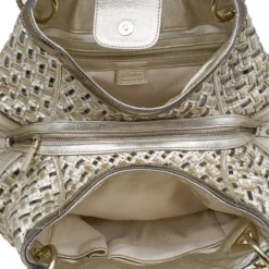 Versace Gold Woven Leather Crystal V Satchel For Women -Versace Official Website luxury women versace used handbags p82835 006