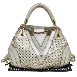 Versace Gold Woven Leather Crystal V Satchel For Women -Versace Official Website luxury women versace used handbags p82835 008