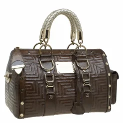 Versace Brown Quilted Patent Leather Snap Out Of It Satchel For Women -Versace Official Website luxury women versace used handbags p90459 003