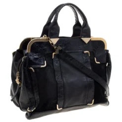 Versace Black Leather And Suede Satchel For Women -Versace Official Website luxury women versace used handbags p97934 0003