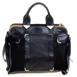 Versace Black Leather And Suede Satchel For Women -Versace Official Website luxury women versace used handbags p97934 0004