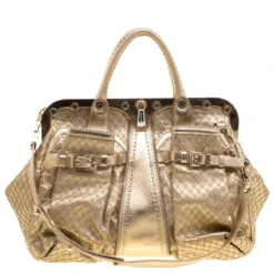 Versace Gold Leather Studded Frame Satchel For Women