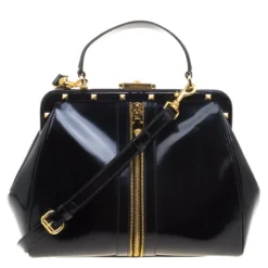 Versace Black Patent Leather Zip Detail Satchel For Women