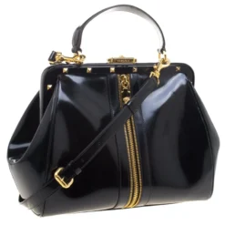 Versace Black Patent Leather Zip Detail Satchel For Women -Versace Official Website luxury women versace used handbags p99691 003