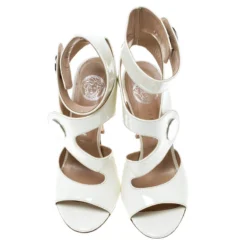 Versace White Leather Peep Toe Cutout Ankle Strap Sandals Size 35.5 For Women -Versace Official Website luxury women versace used shoes p162575 003