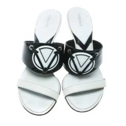Versace Monochrome Leather Plaque Sandals Size 36 For Women -Versace Official Website luxury women versace used shoes p171666 006