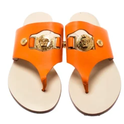 Versace Orange Leather Medusa Embellished Thong Sandals Size 39 For Women -Versace Official Website luxury women versace used shoes p194319 006