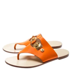 Versace Orange Leather Medusa Embellished Thong Sandals Size 39 For Women -Versace Official Website luxury women versace used shoes p194319 007