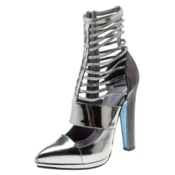 Versace Metallic Silver Leather Pointed Toe Cage Pumps Size 40 For Women