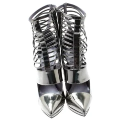 Versace Metallic Silver Leather Pointed Toe Cage Pumps Size 40 For Women -Versace Official Website luxury women versace used shoes p195909 006