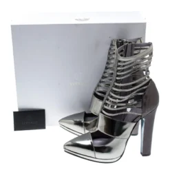 Versace Metallic Silver Leather Pointed Toe Cage Pumps Size 40 For Women -Versace Official Website luxury women versace used shoes p195909 008