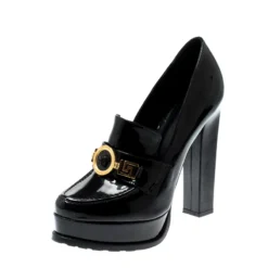 Versace Black Patent Leather Medusa Platform Block Heel Loafer Pumps Size 38 For Women
