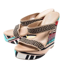 Versace Beige Printed Canvas Wedge Platform Sandals Size 37 For Women -Versace Official Website luxury women versace used shoes p207879 007