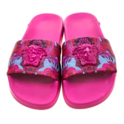 Versace Pink Baroque Leather Medusa Head Printed Slides Size 38 For Women -Versace Official Website luxury women versace used shoes p210603 004