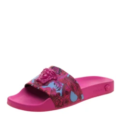 Versace Pink Baroque Leather Medusa Head Printed Slides Size 38 For Women