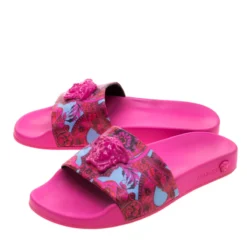 Versace Pink Baroque Leather Medusa Head Printed Slides Size 38 For Women -Versace Official Website luxury women versace used shoes p210603 008
