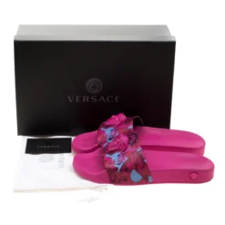 Versace Pink Baroque Leather Medusa Head Printed Slides Size 38 For Women -Versace Official Website luxury women versace used shoes p210603 009