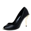 Versace Black Leather Peep Toe Medusa Heel Pumps Size 35.5 For Women