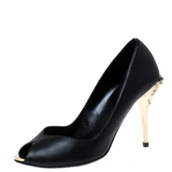 Versace Black Leather Peep Toe Medusa Heel Pumps Size 35.5 For Women