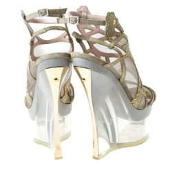 Versace Cream Suede Emebllished Cut Out Ankle Strap Wedge Platform Sandals Size 40 For Women -Versace Official Website luxury women versace used shoes p235127 001