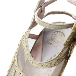 Versace Cream Suede Emebllished Cut Out Ankle Strap Wedge Platform Sandals Size 40 For Women -Versace Official Website luxury women versace used shoes p235127 004