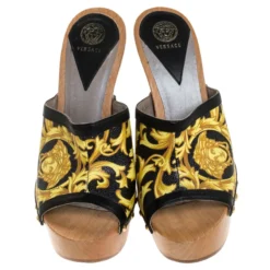 Versace Black/Yellow Barocco Printed Leather Clog Platform Sandals Size 37.5 For Women -Versace Official Website luxury women versace used shoes p247037 002