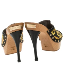 Versace Black/Yellow Barocco Printed Leather Clog Platform Sandals Size 37.5 For Women -Versace Official Website luxury women versace used shoes p247037 003
