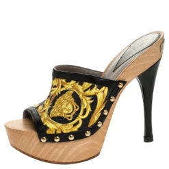 Versace Black/Yellow Barocco Printed Leather Clog Platform Sandals Size 37.5 For Women